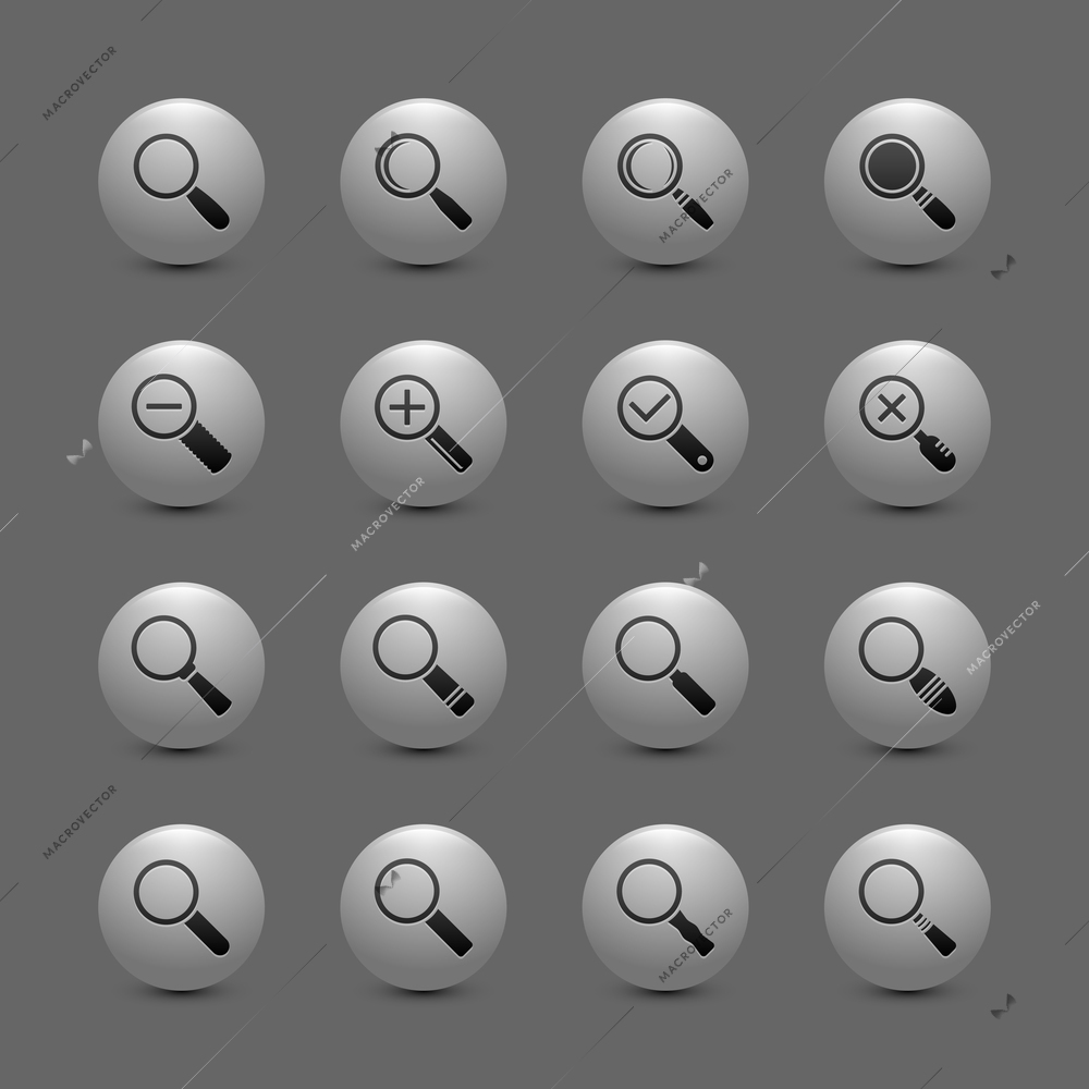 Magnify lens search zoom exploration buttons icon set isolated vector illustration