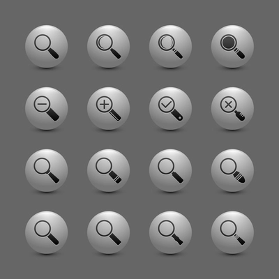 Magnify lens search zoom exploration buttons icon set isolated vector illustration