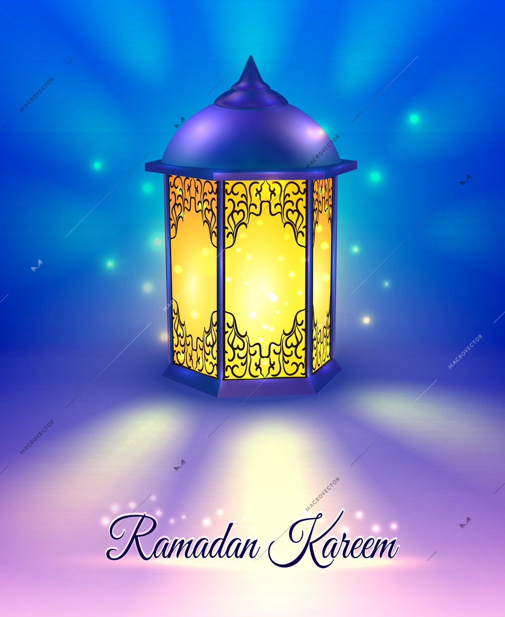 Ramadan colored poster with title Ramadan kareen included lamp in foreground and abstract background vector illustration