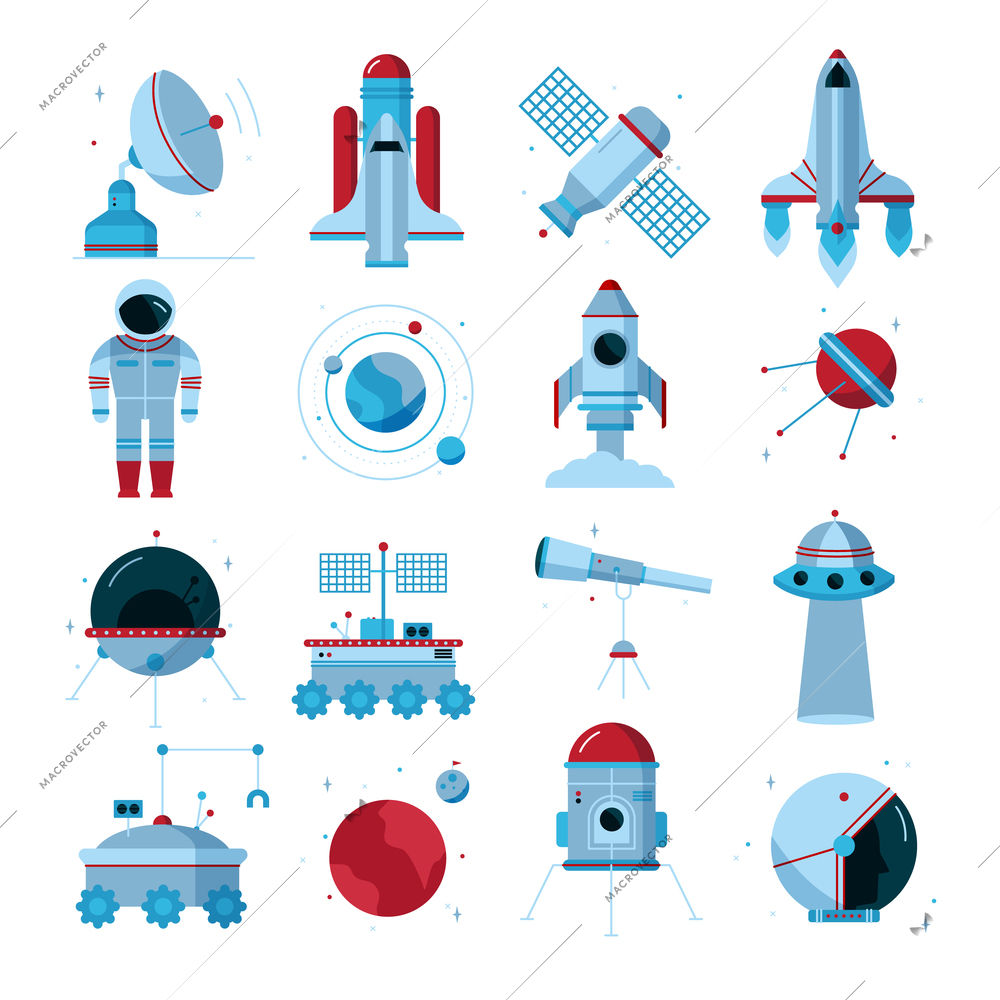 Space flat icons set with spacecrafts  instruments moon crawler and  telescopes white background poster abstract vector illustration