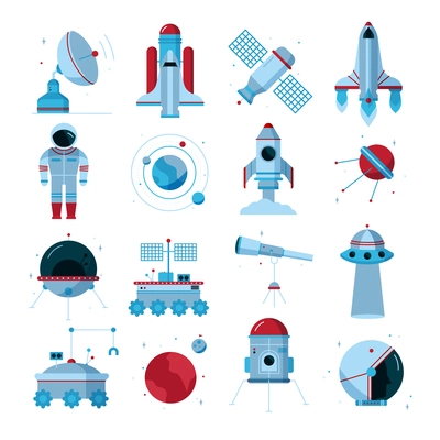 Space flat icons set with spacecrafts  instruments moon crawler and  telescopes white background poster abstract vector illustration