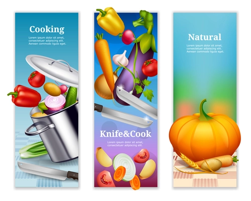 Three colorful vertical banners advertising natural food with fresh and cooking vegetables and kitchen utensils realistic vector illustration