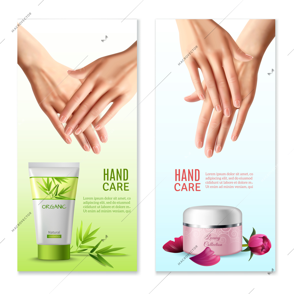 Natural hand creams with plants and rose buds extracts 2 vertical realistic banners with text isolated vector illustration