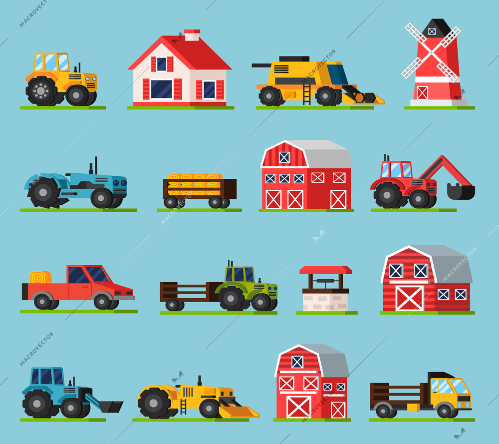 Farm orthogonal flat icons set with various kinds of transport mill house barns of different sizes and well on green grass isolated vector illustration