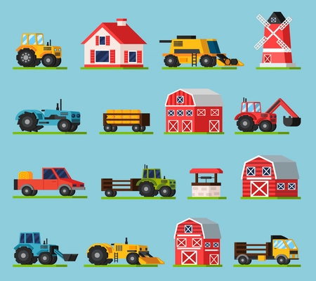 Farm orthogonal flat icons set with various kinds of transport mill house barns of different sizes and well on green grass isolated vector illustration