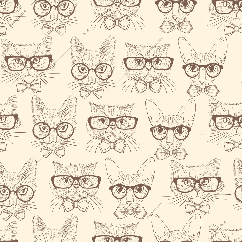 Seamless hand drawn cats in hipster accessories pattern background vector illustration