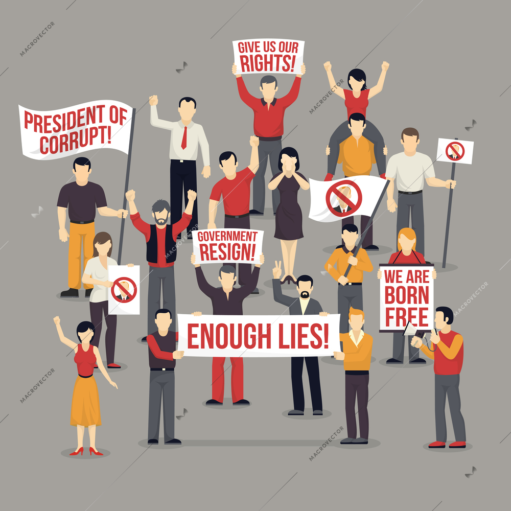 Crowd protesting people composition with expressive demanding men women with flags placards on grey background vector illustration