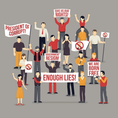 Crowd protesting people composition with expressive demanding men women with flags placards on grey background vector illustration