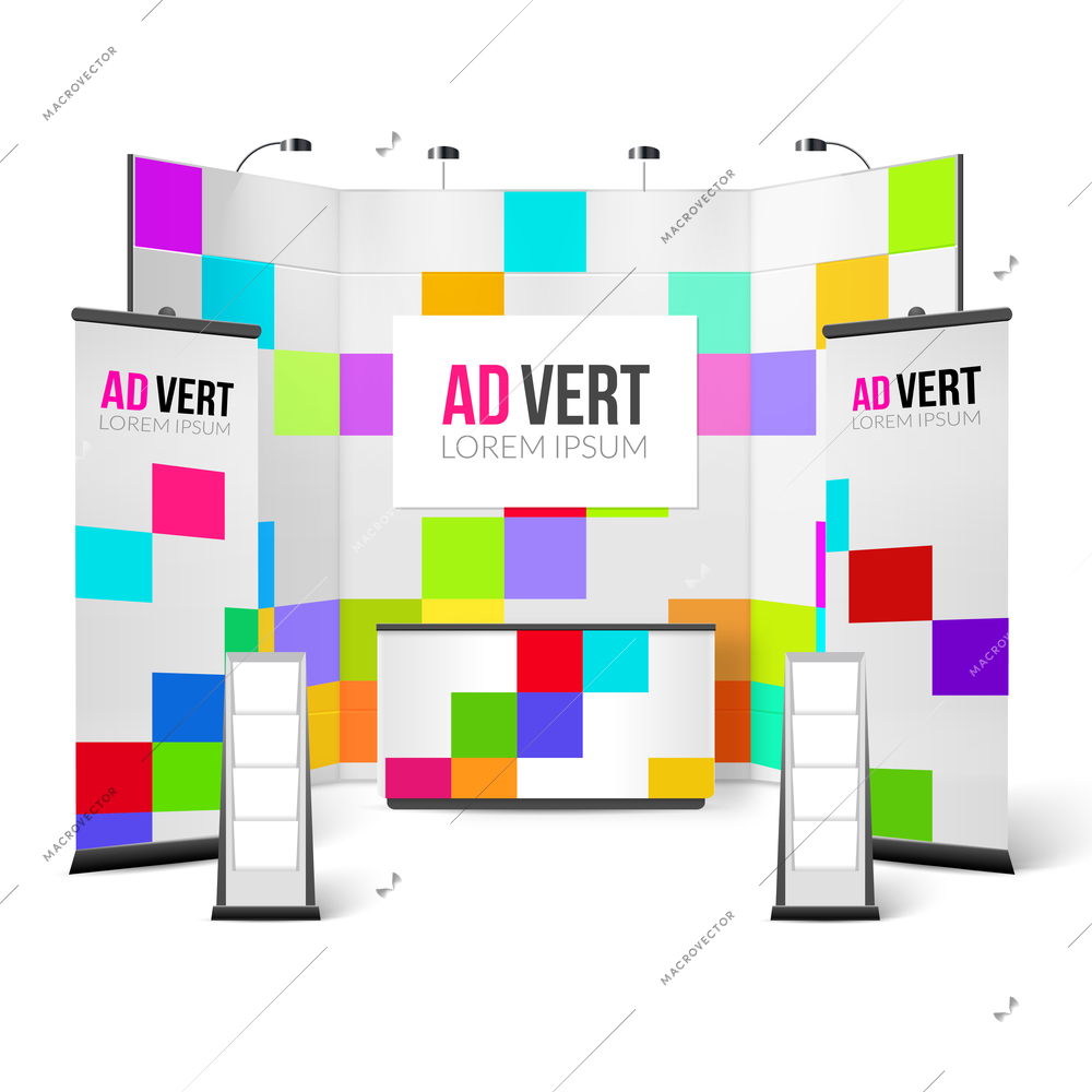 Exhibition Stand Bright Design. Exhibition Stand Color Template. Exhibition Stand Realistic Vector Illustration. Exhibition Marketing Stand Elements.