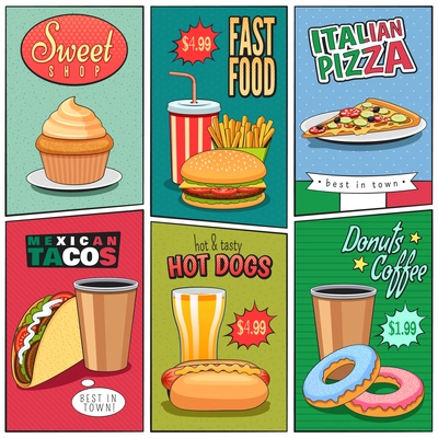 Fast food mini posters composition in comic panels retro style with colorful backgrounds advertisement abstract vector illustration