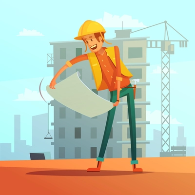 Builder and building plan cartoon background with house and crane vector illustration