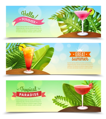 Tropical paradise summer vacation 3 horizontal bright sunny banners set with rum punch cocktails isolated vector illustration