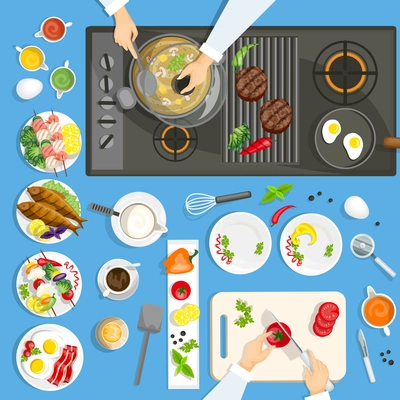 Dishes and utensils on the kitchen top view with cooking surface vector illustration