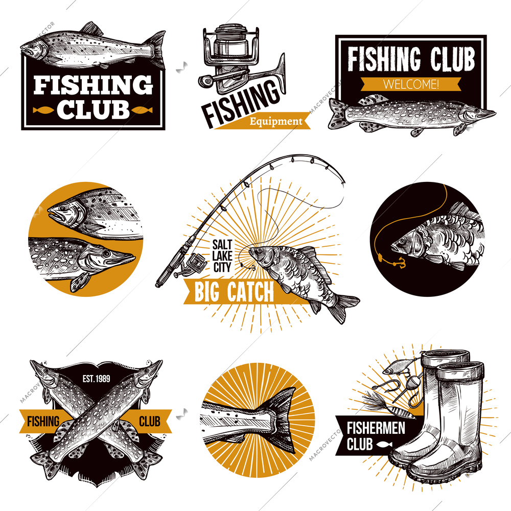 Hand drawn fishing logo emblems set with fishes equipments like fishing rod and advertising isolated vector illustration