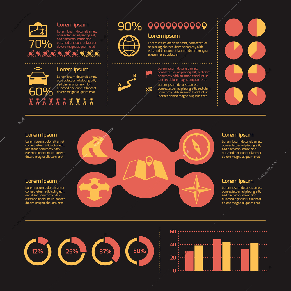 Navigation infographics with map pin compass globe icons and charts vector illustration