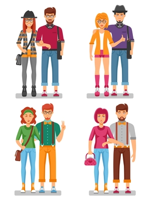 Hipster couples concept of young trendy people with gestures in stylish colorful clothes isolated vector illustration