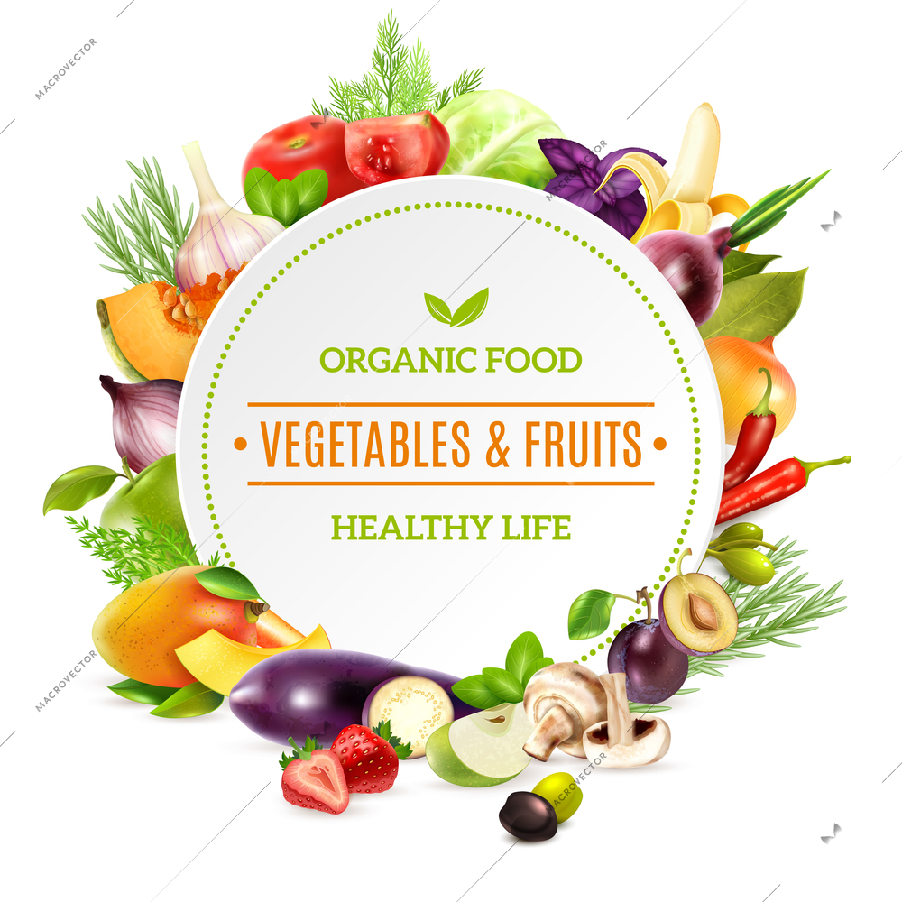 Natural organic food background with colorful bright frame contained fresh vegetables and fruits set pictured in realistic style vector illustration