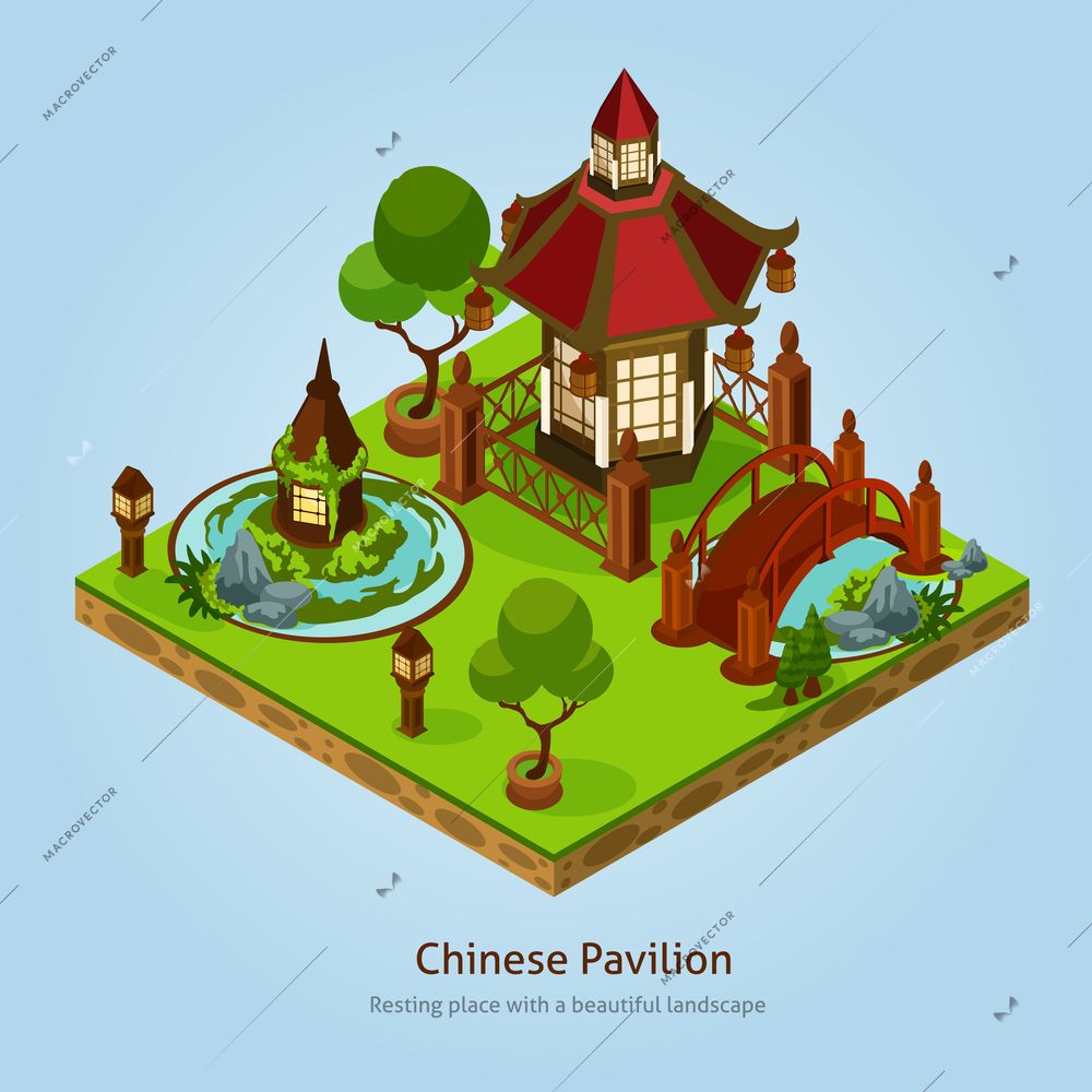 Chinese pavilion resting place with beautiful landscape and decoration elements isometric design concept vector illustration