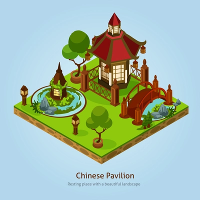 Chinese pavilion resting place with beautiful landscape and decoration elements isometric design concept vector illustration