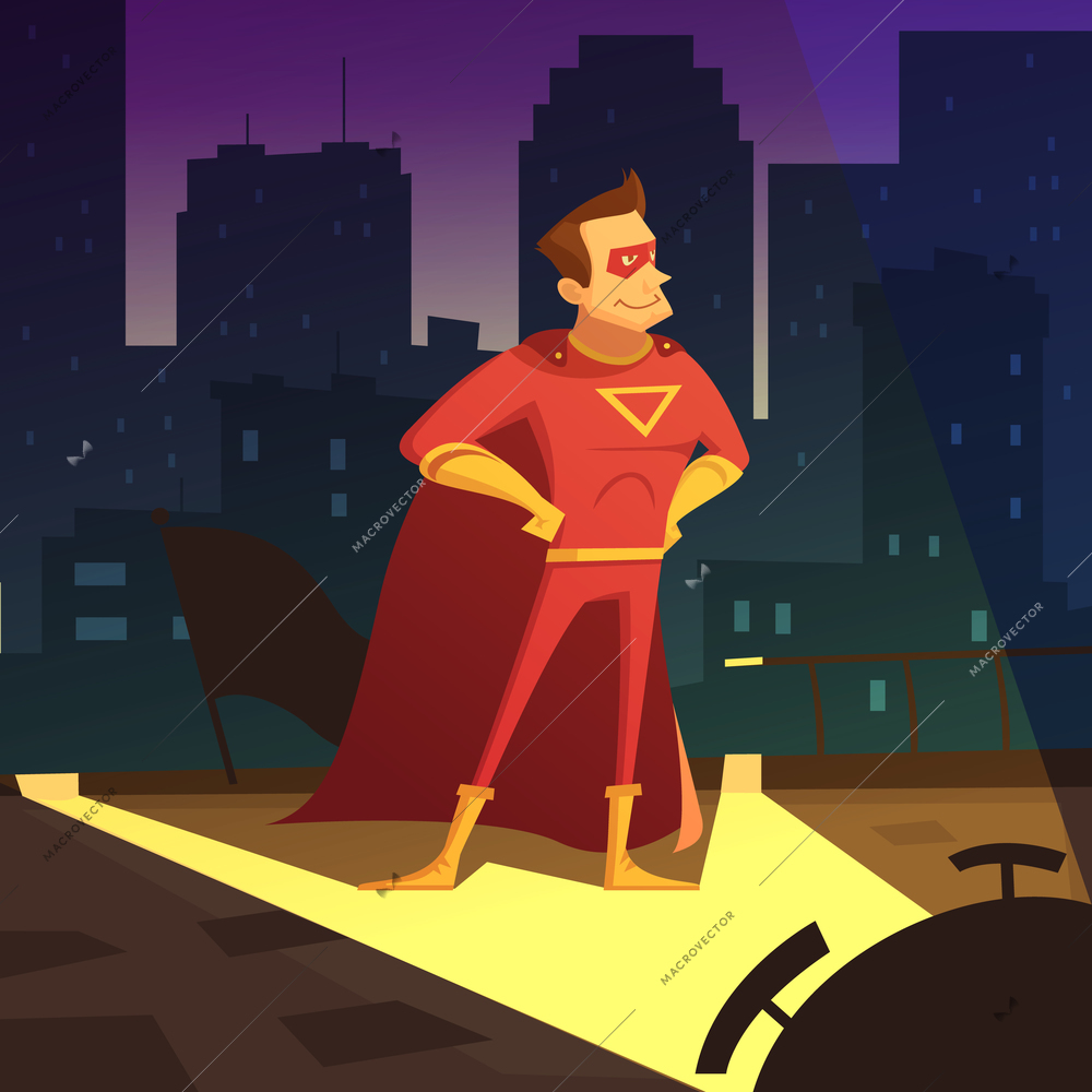 Superman in night city cartoon background with blocks of flats vector illustration