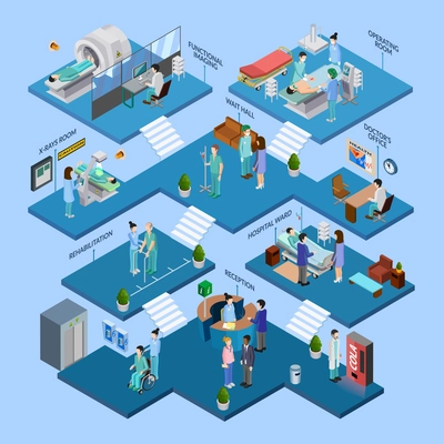 Hospital isometric infographics layout with nursing staff icons surgery operation composition mri and roentgen equipment decorative elements flat vector illustration