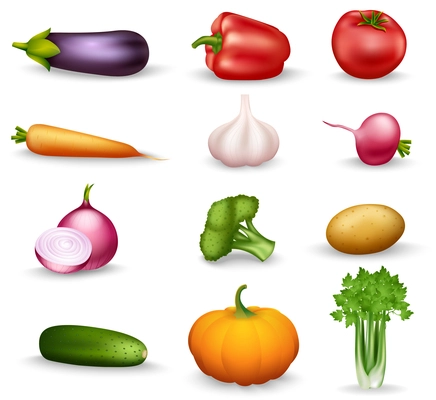 Realistic vegetable colorful isolated icons on white background with onion radishes broccoli parsley carrots garlic vector illustration