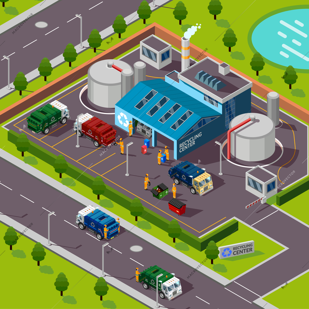 Recycling plant isometric top view with trucks transporting garbage for processing in incinerator vector illustration