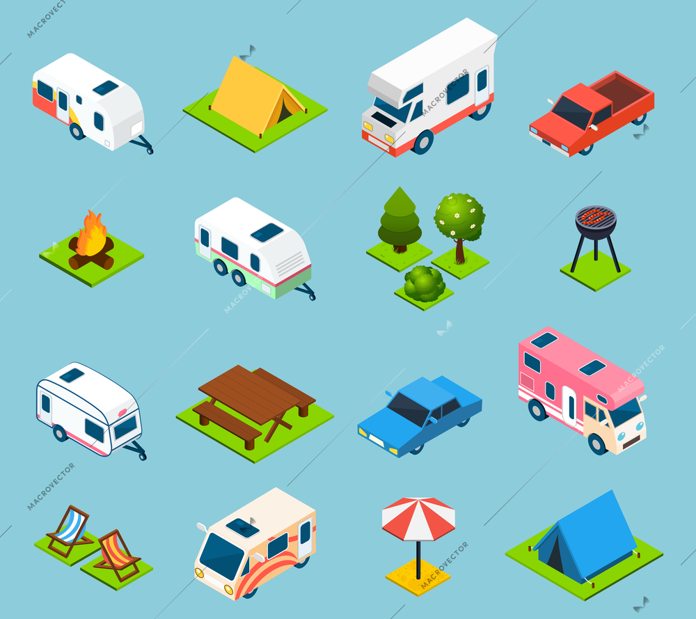 Camping and travel isometric icons set with trees transport and different things for campsite and travelling on light blue background isolated vector illustration