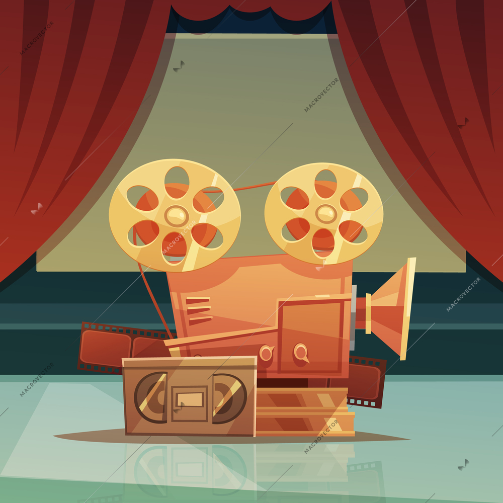 Cinema retro cartoon background with red curtain and tape vector illustration