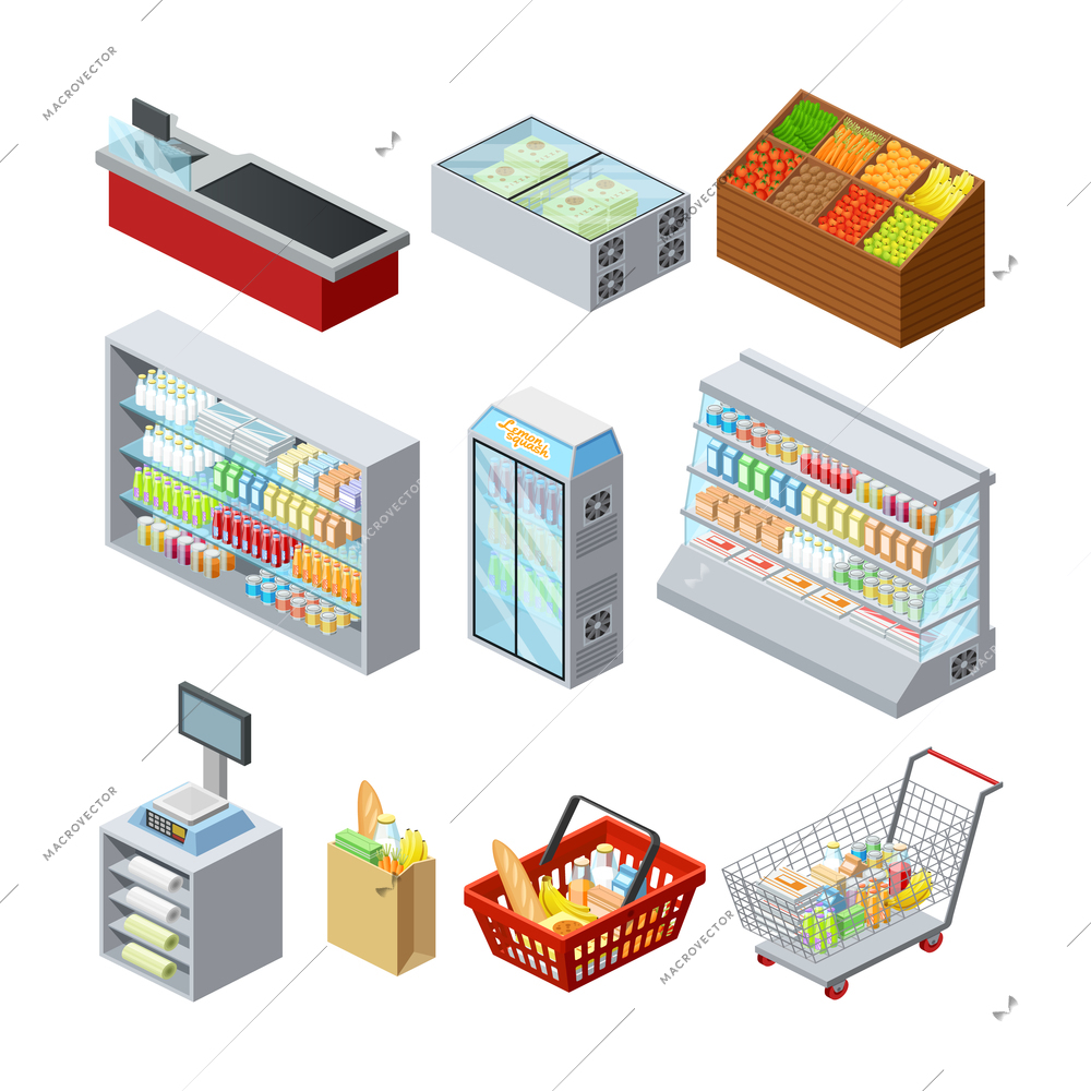 Supermarket shelves showcases freezer cashier counter and customer shopping basket abstract isometric icons collection isolated vector illustration