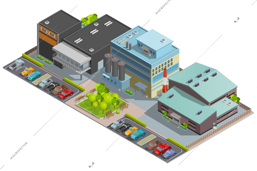 Isometric factory composition with warehouse manufacture and office buildings and parking with cars vector illustration