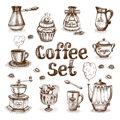 Retro coffee set of beans cream milk sugar vector illustration