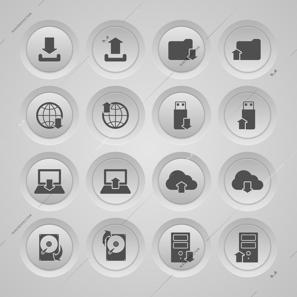 Upload download symbols collection user interface computer mobile icons set flat isolated vector illustration