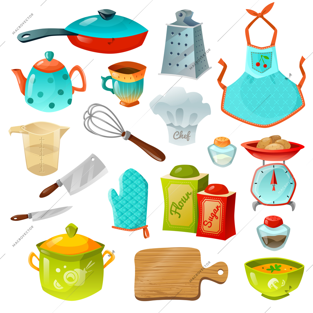 Cooking decorative icons set of kitchen utensils with frying pan pot teapot whisk scales apron and gloves isolated vector illustration