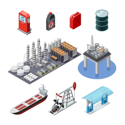 Oil industry isometric icons collection with pump jack tanker canister and sea platform abstract isolated vector illustration