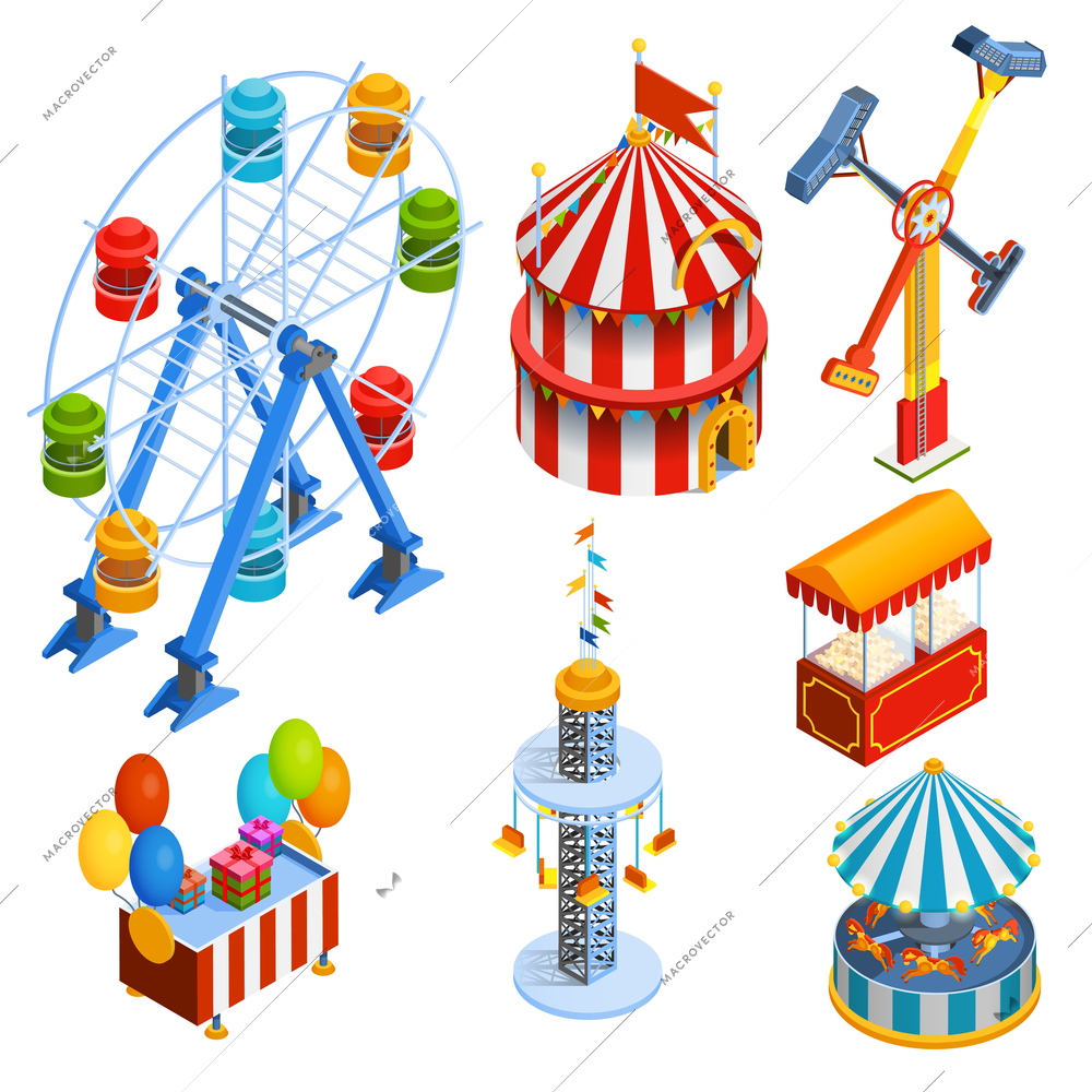 Amusement park isometric decorative icons set with ferris wheel circus tent popcorn vendor balloons and gift booths in cartoon style isolated vector illustration