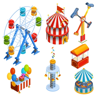 Amusement park isometric decorative icons set with ferris wheel circus tent popcorn vendor balloons and gift booths in cartoon style isolated vector illustration