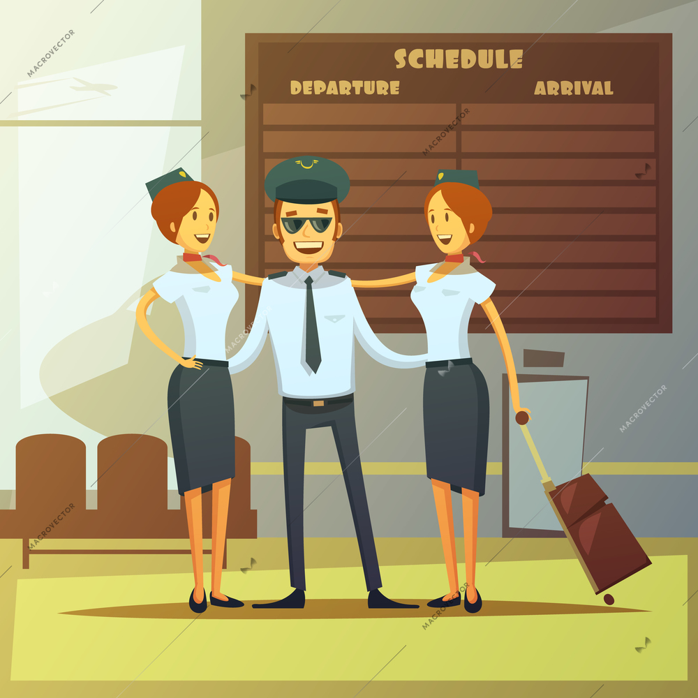 Airlines cartoon background with pilot and stewardess in airport hall vector illustration