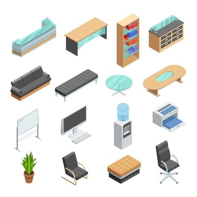 Office furniture isometric icons collection with desk computer whiteboard and leather manager chair abstract isolated vector illustration