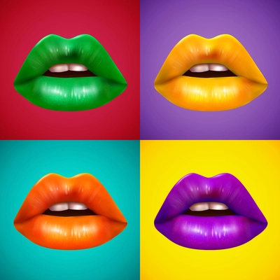 Brightly colored lips 4 icons square composition poster with orange yellow green and purple lipstick vector isolated illustration