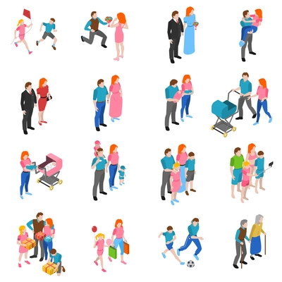 Family relations isometric icons set with engagement marriage parents with children and grandparents abstract isolated vector illustration