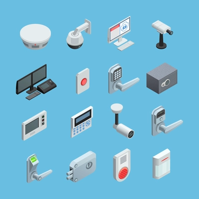 Home security system elements isometric icons collection with surveillance motion sensor camera with alarm abstract isolated vector illustration