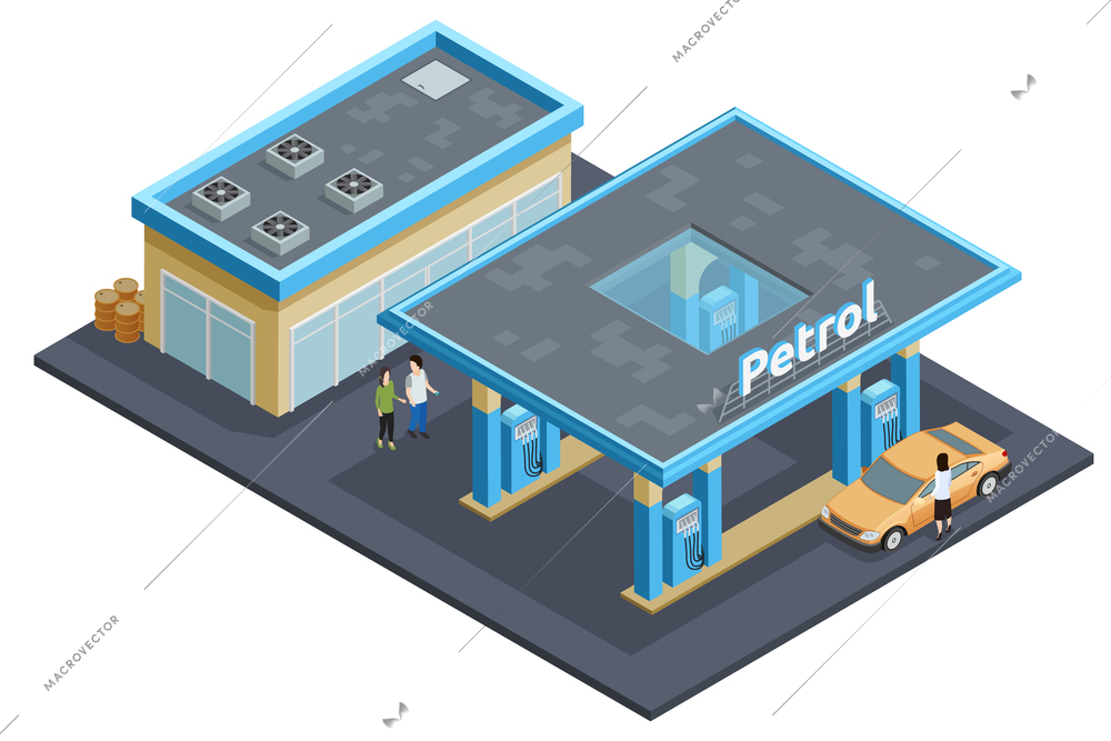 Gas petrol motorway filling service station to refuel recharge rest eat and drink isometric poster abstract vector illustration