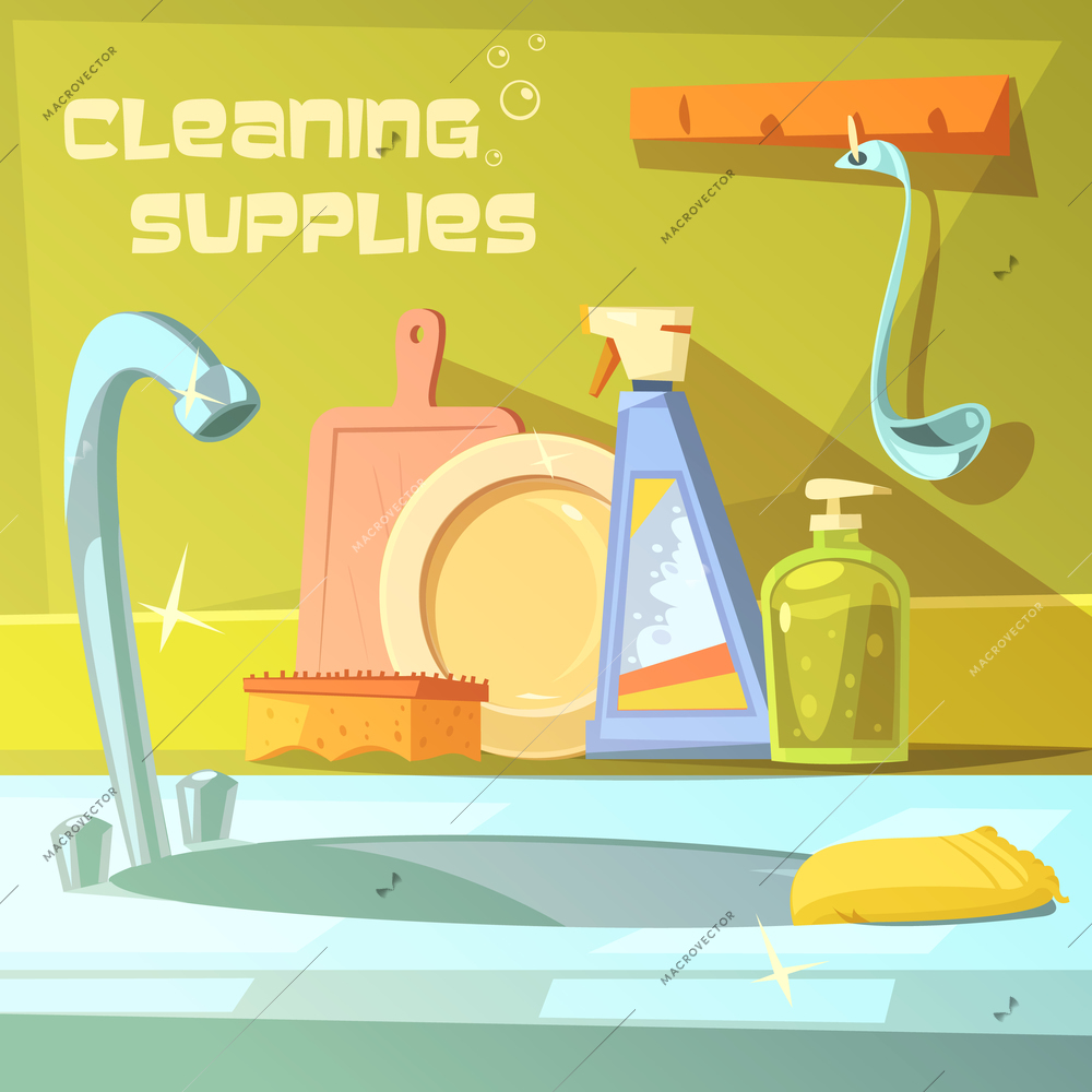 Cleaning supplies cartoon background with soap sink and sponge vector illustration