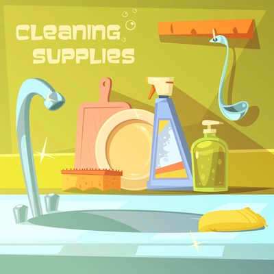 Cleaning supplies cartoon background with soap sink and sponge vector illustration