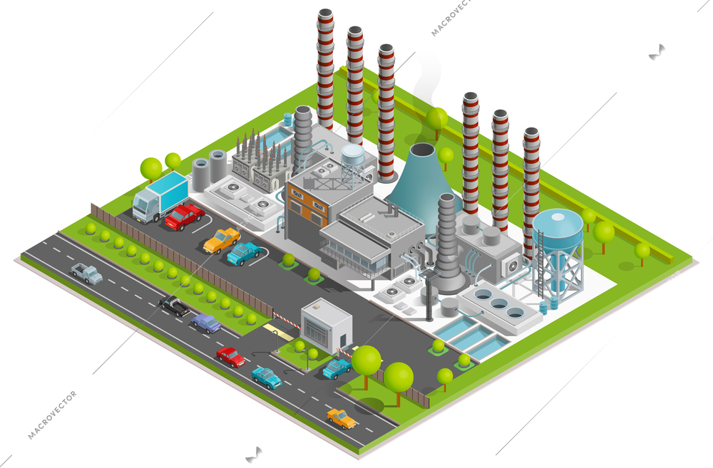 Chemical plant isometric concept with factory pipes fuel containers industrial buildings automobile parking vector illustration