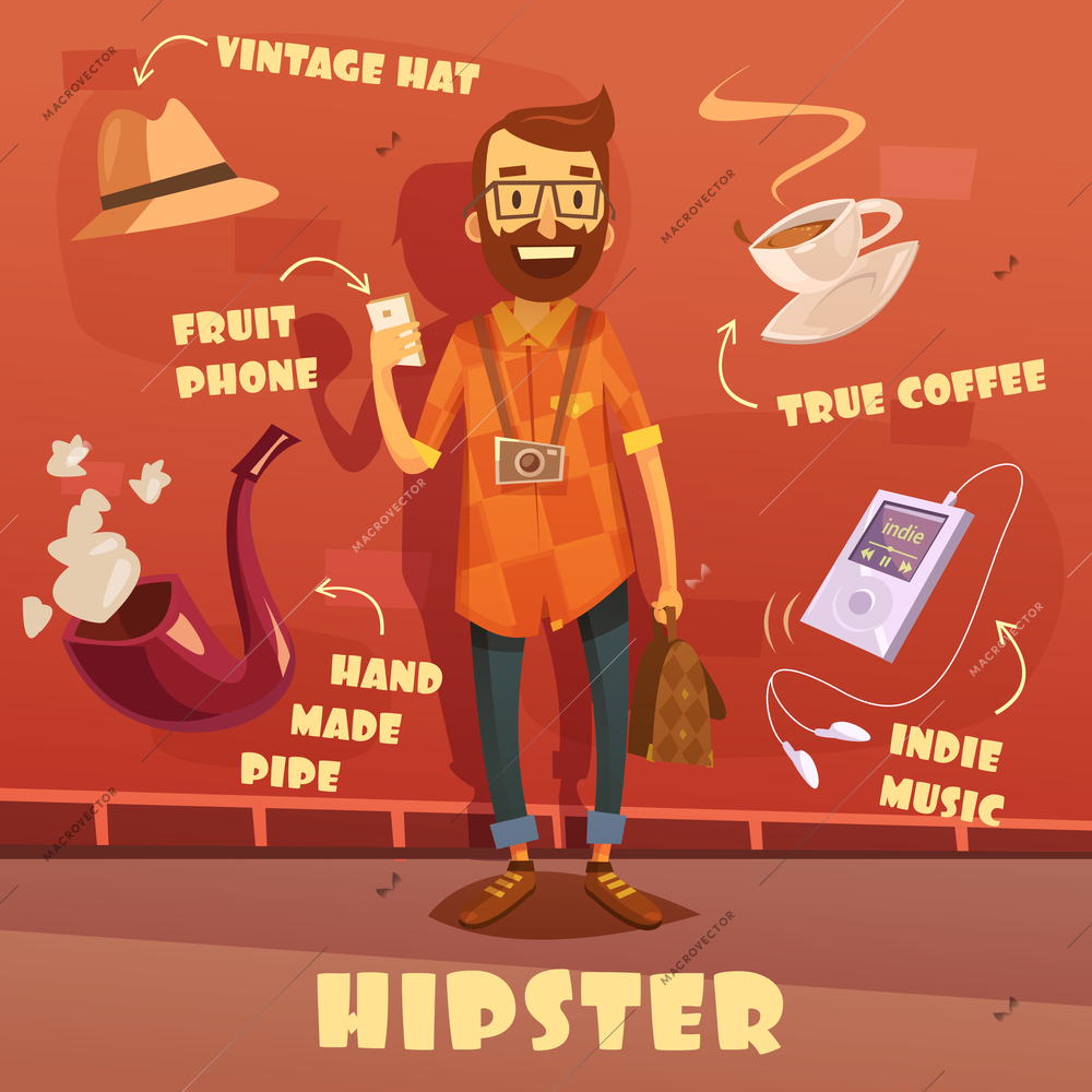 Hipster character cartoon set with vintage hat and indie music player vector illustration