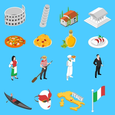 Italian sightseeing landmarks and national cuisine for tourists with coliseum pizza and spaghetti abstract isolated vector illustration