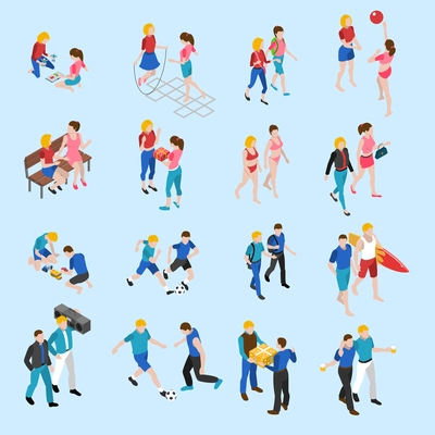 Friends isometric icons set with playing children and adults talking and sharing hobbies abstract isolated vector illustration