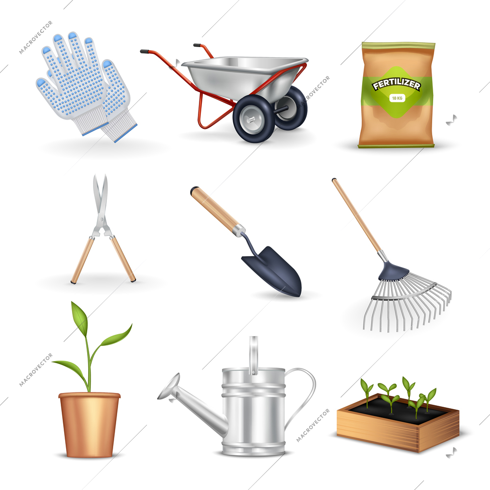 Gardening realistic decorative icons set of tools for work in garden seedling gloves and package with fertilizer vector illustration